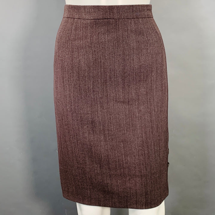 EMANUEL UNGARO Size 6 Purple Brown Wool Twill Mandarin Collar Midi Pencil Skirt Suit