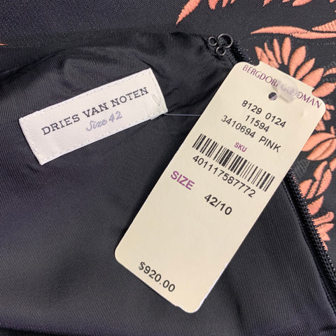 DRIES VAN NOTEN Size 10 Black Pink Polyester Blend Floral Jacquard Cocktail Dress