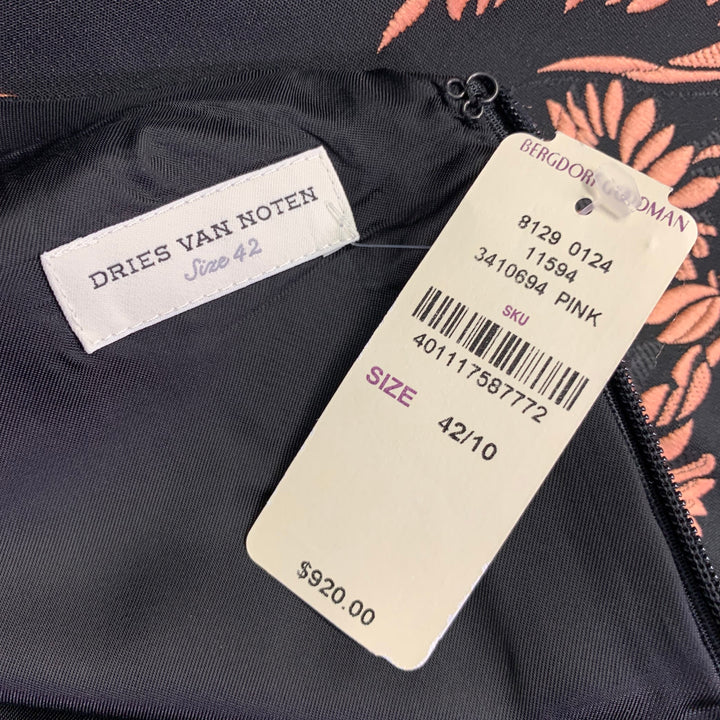 DRIES VAN NOTEN Size 10 Black Pink Polyester Blend Floral Jacquard Cocktail Dress