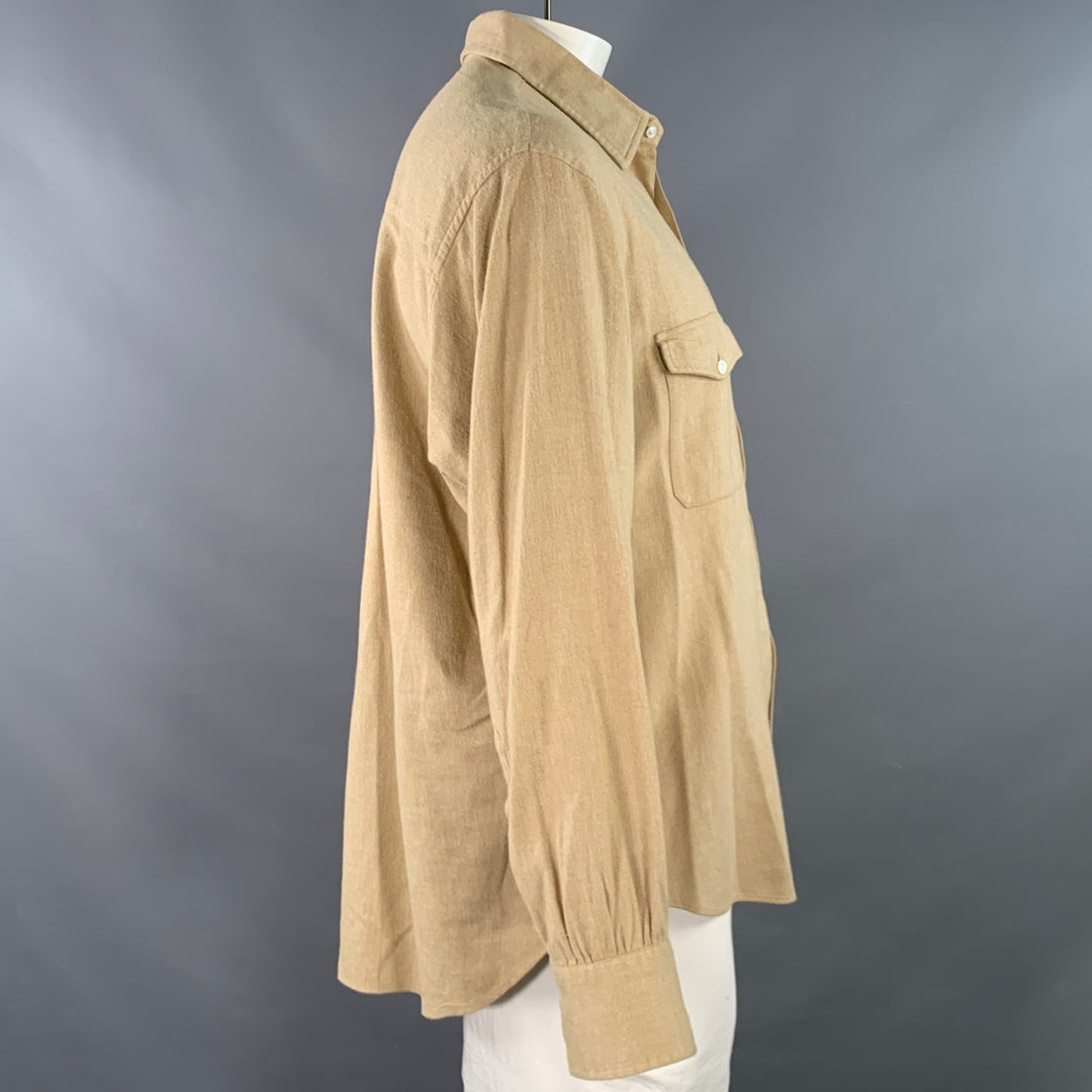 TURNBULL & ASSER Size XL Beige Herringbone Cotton 2 Pockets Long Sleeve Shirt
