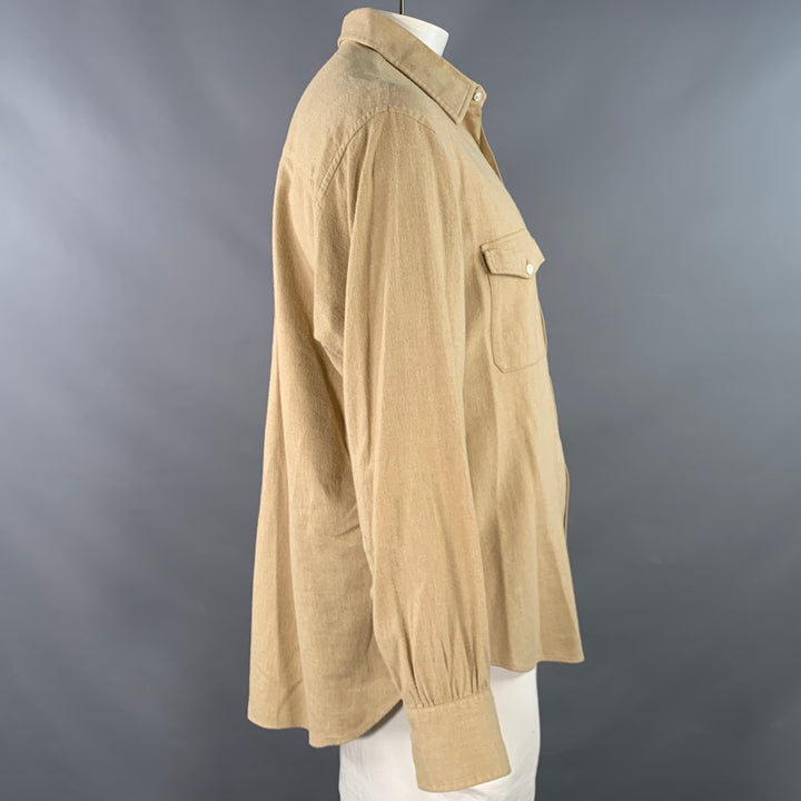 TURNBULL & ASSER Size XL Beige Herringbone Cotton 2 Pockets Long Sleeve Shirt