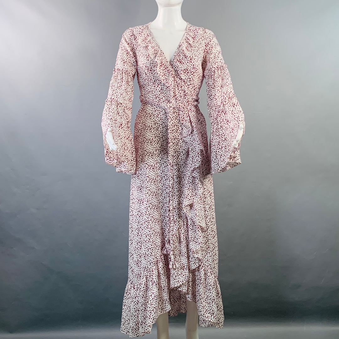 MISA Size XS White Burgundy Viscose Dots Ruffle Wrap Dress Sui Generis Designer Consignment MISA Size XS White Burgundy Viscose Dots Ruffle Wrap Dress Sui Generis Designer Consignment