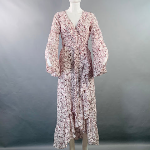 MISA Size XS White Burgundy Viscose Dots Ruffle Wrap Dress