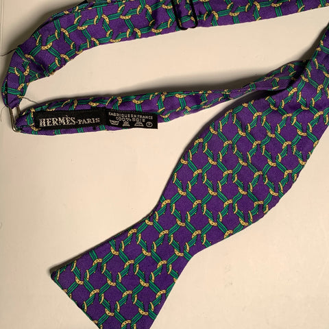 HERMES Purple Green Geometric Silk Bow Tie