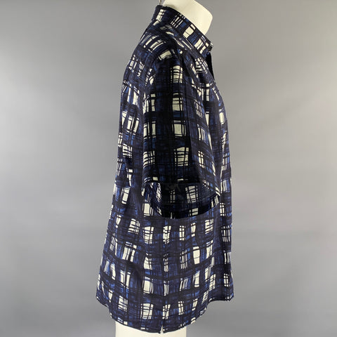 PRADA Size M Navy White & Black Tartan Cotton Cropped Short Sleeve Shirt