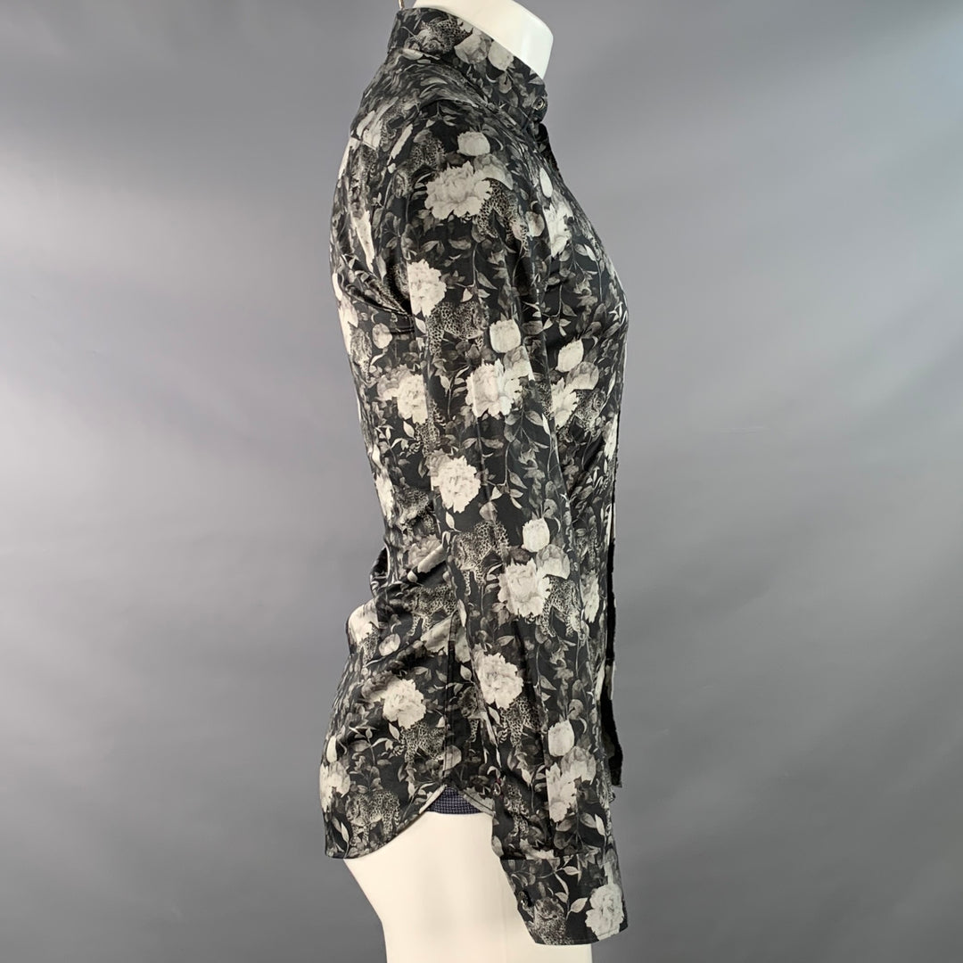 TED BAKER Size XS Stylo Black Grey Floral Leopards Cotton Spread Collar Long Sleeve Shirt