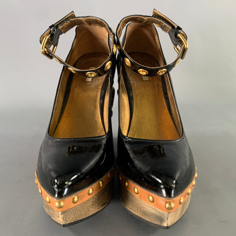 MIU MIU Fall 06 Size 8 Black Gold Patent Leather Platform Pumps