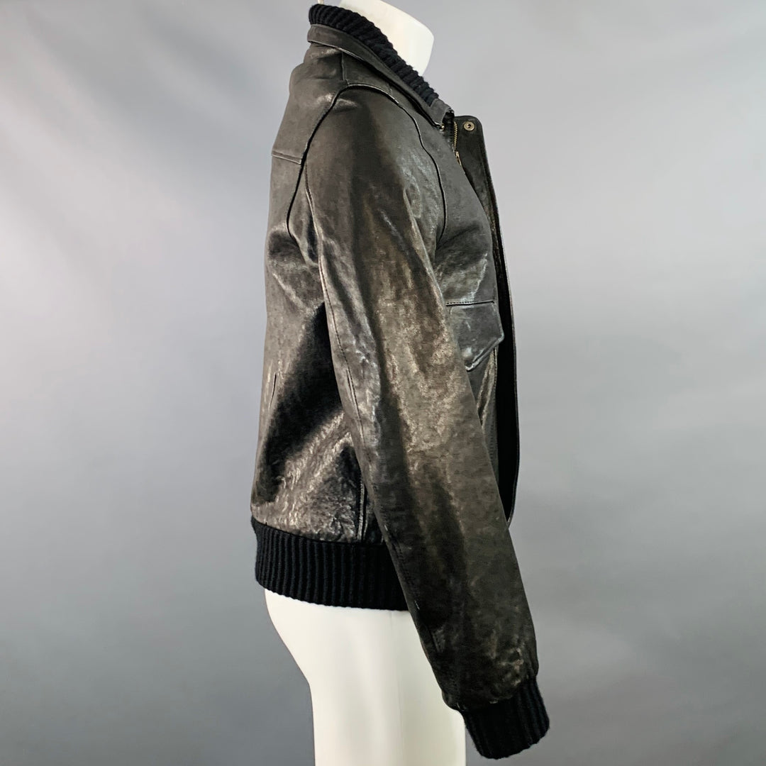 DANIELE ALESSANDRINI Size 40 Black Leather Contrast Trim Jacket