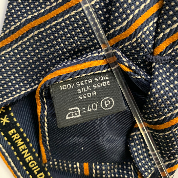 ERMENEGILDO ZEGNA Navy Orange Diagonal Stripe Silk Tie