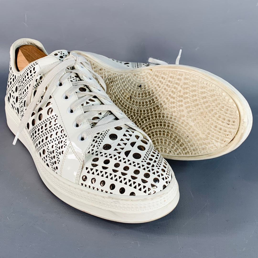 ALAIA Size 9 White Silver Perforated Patent Leather Low Top Sneakers