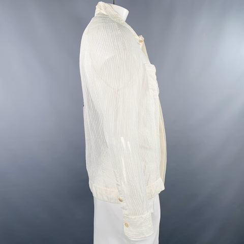LA PERLA Size L Cream Stripe Cotton Silk Hidden Buttons Long Sleeve Shirt