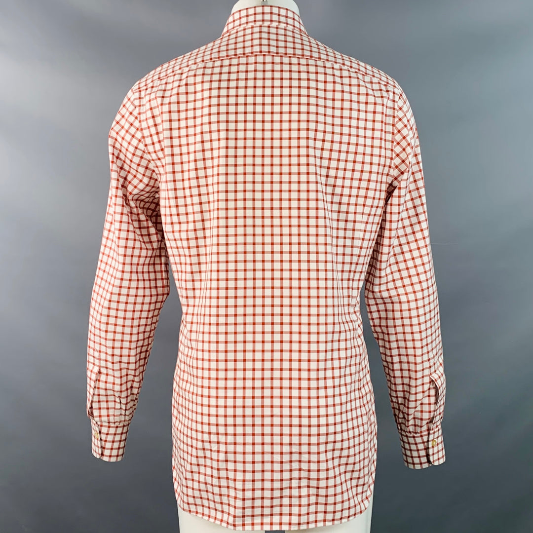 KITON Size M White Burgundy Checkered Cotton Curved Cutaway Long Sleeve Shirt