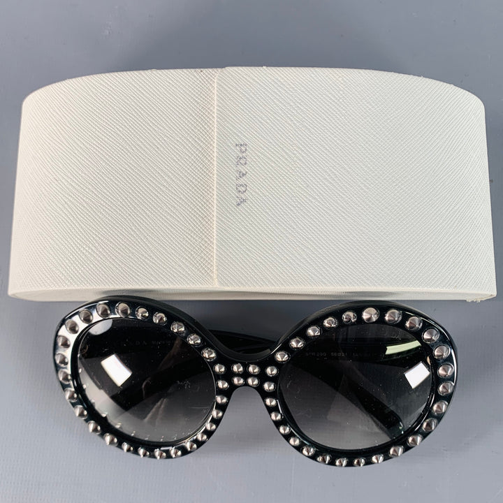 PRADA Black Silver Studded Acetate Oversized Round Sunglasses