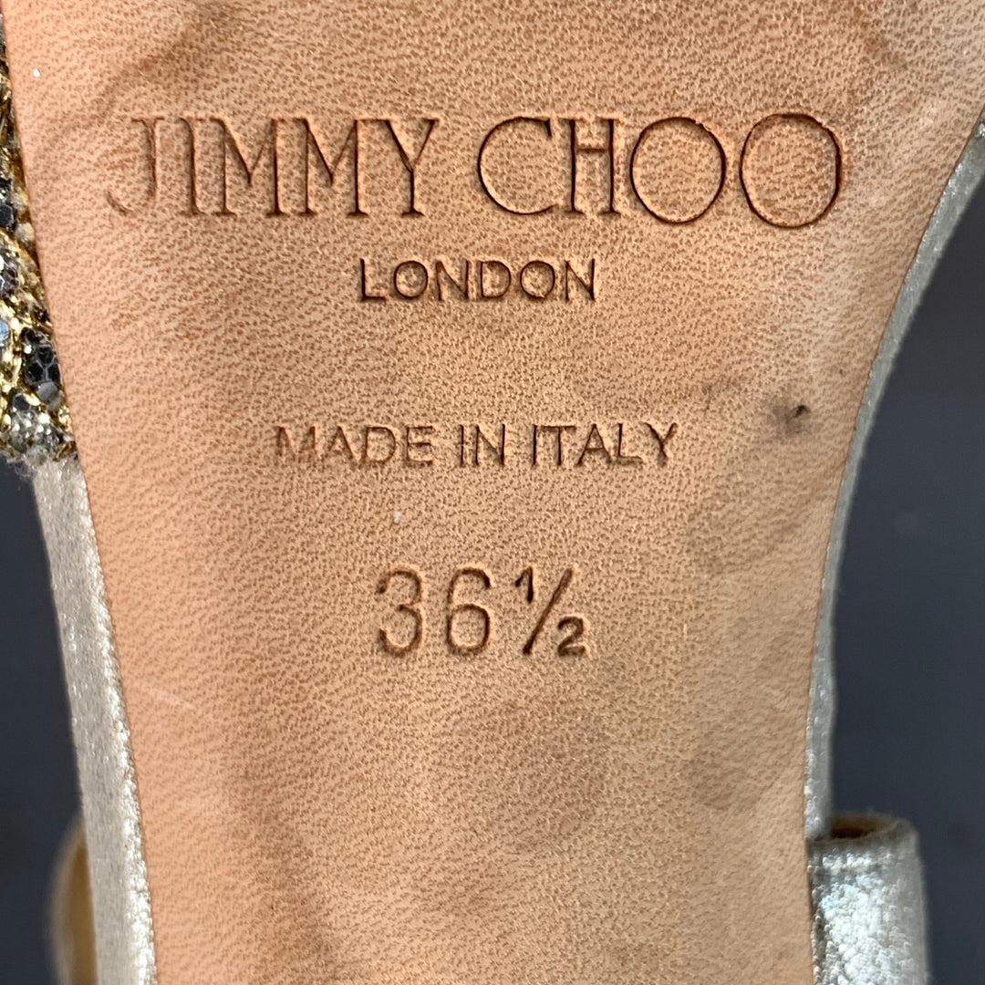 JIMMY CHOO Size 6.5 Grey Silver Glittery Leather Platform Stiletto Sandals