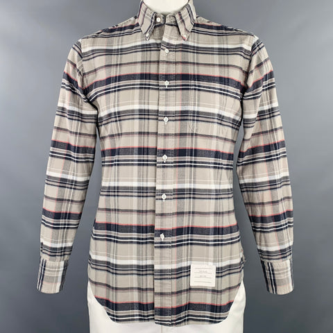 THOM BROWNE Size L Grey Taupe Plaid Cotton One pocket Long Sleeve Shirt