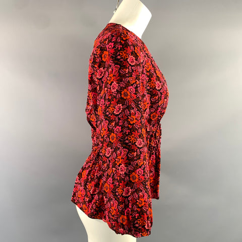 DEREK LAM Size 6 Pink Orange Viscose Floral V Neck Casual Top