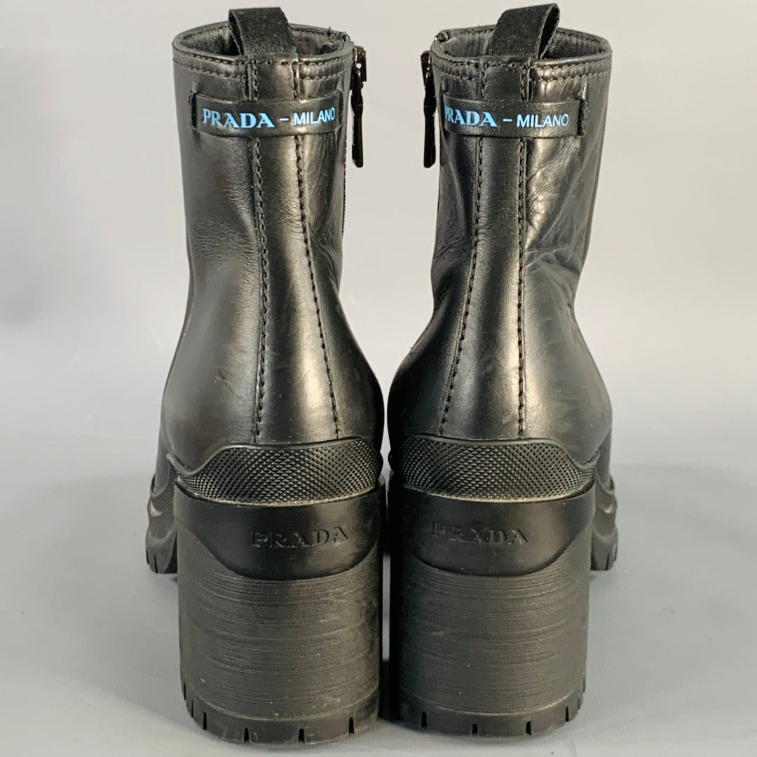 PRADA Size 6 Black Leather Tread Sole Stacked Heel Boots