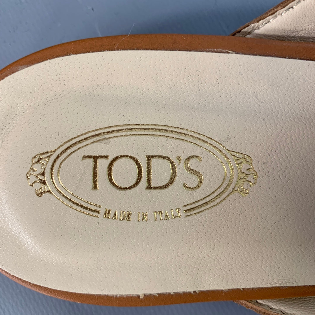 TOD'S Size 11 Tan Multi Color Canvas Abstract Chain Buckle Slip On Flats