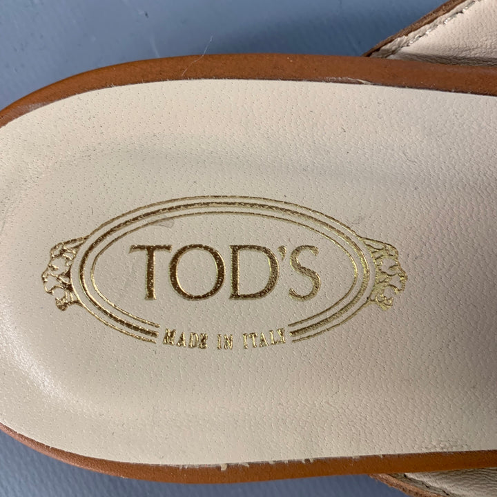 TOD'S Size 11 Tan Multi Color Canvas Abstract Chain Buckle Slip On Flats