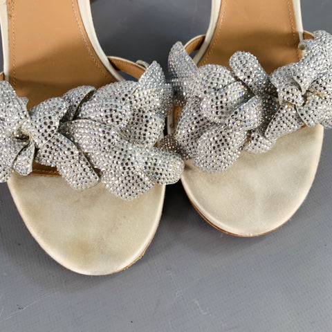 AQUAZZURA Size 8 Silver Silk Floral Rhinestone Embellishment Slingback Sandals