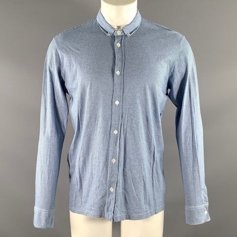 AGNÈS B. Size M White Cobalt Stripe Cotton Button Down Long Sleeve Shirt