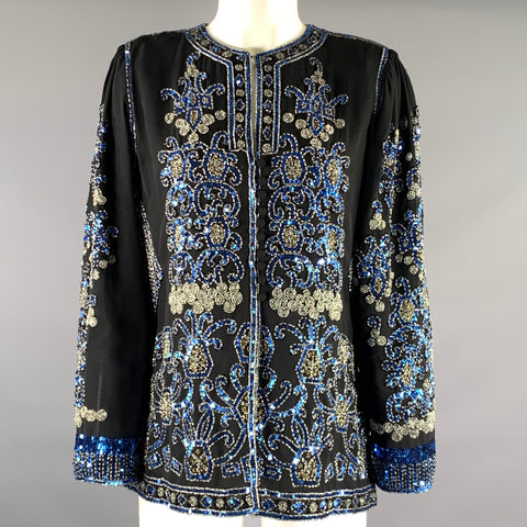 SAKS FIFTH AVENUE Size 4 Navy Blue Polyester Geometric Long Sleeve Dress Top