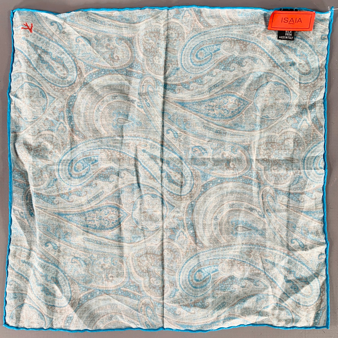 ISAIA Blue Aqua Paisley Cotton Silk Pocket Square