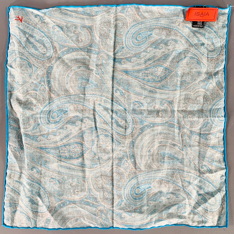 ISAIA Blue Aqua Paisley Cotton Silk Pocket Square