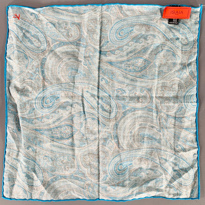 ISAIA Blue Aqua Paisley Cotton Silk Pocket Square