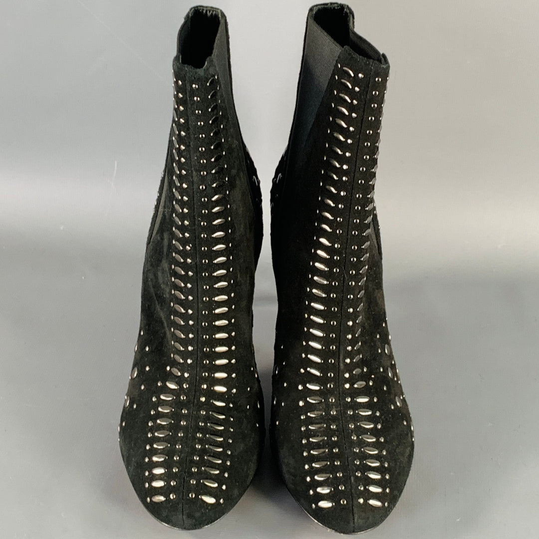 ALAIA Size 7.5 Black Studded Suede Pull On Stiletto Booties
