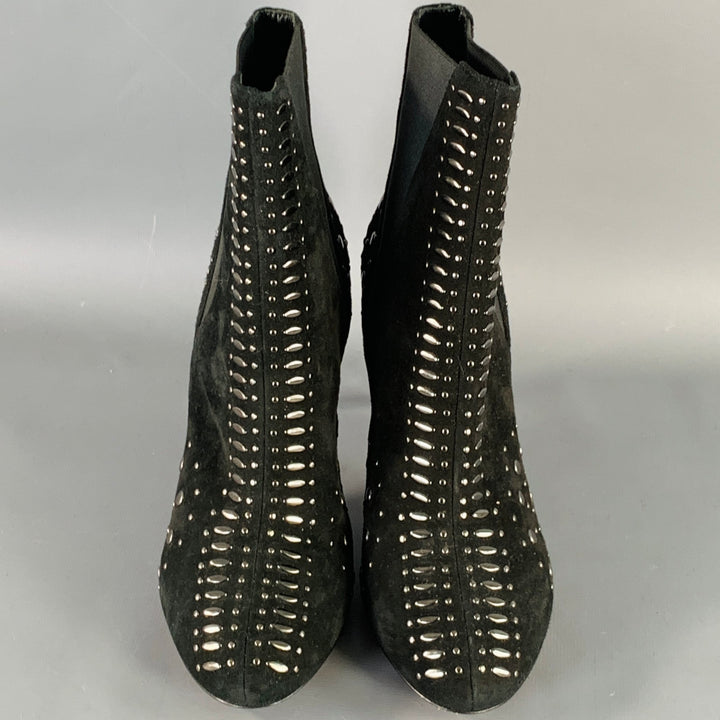 ALAIA Size 7.5 Black Studded Suede Pull On Stiletto Booties