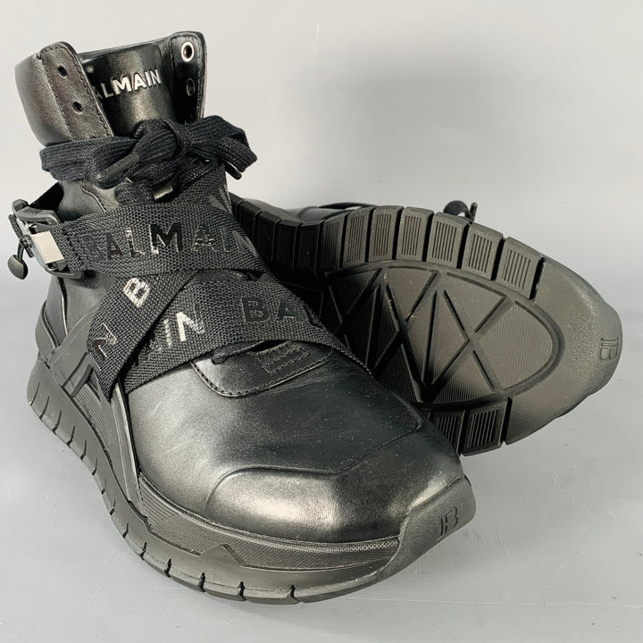 BALMAIN Size 9 B-Troop Black Leather High Top Webbing Sneakers