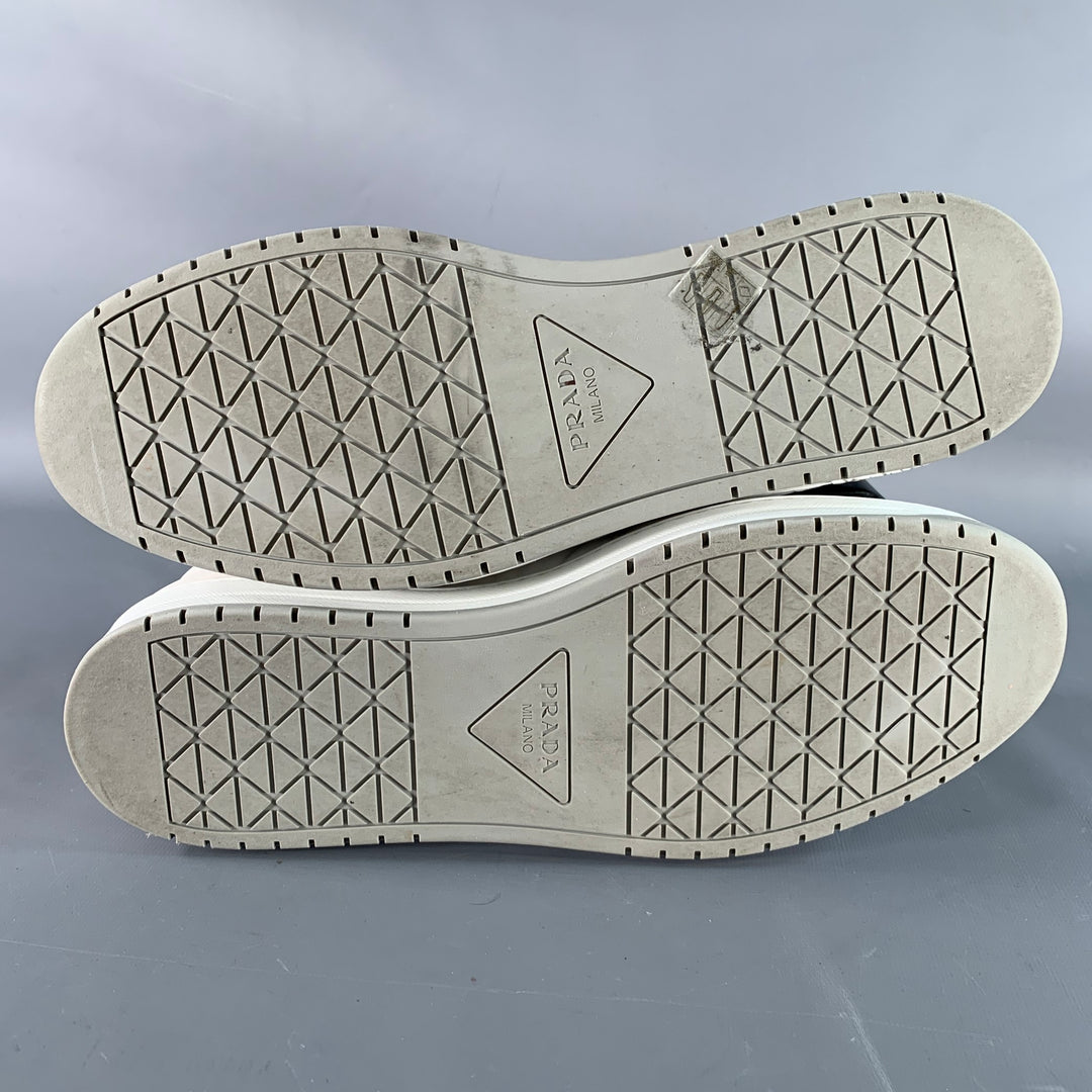 PRADA Size 11 White Navy Color Block Logo Leather Nylon Mesh Sneakers