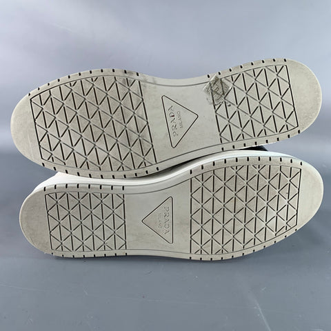 PRADA Size 11 White Navy Color Block Logo Leather Nylon Mesh Sneakers