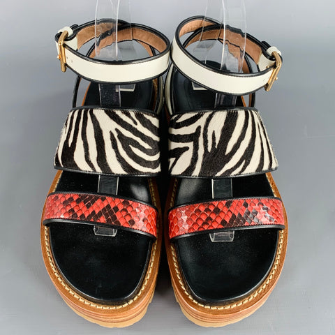 MARNI Size 8 Black Multi Color Leather Mixed Patterns Calf Hair Sandals