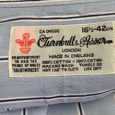TURNBULL & ASSER Vintage Size L Blue Navy White Stripe Cotton French Cuff Long Sleeve Shirt
