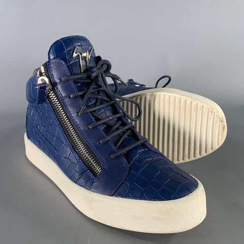 GIUSEPPE ZANOTTI Size 9.5 Blue White Embossed Leather High Top Sneakers