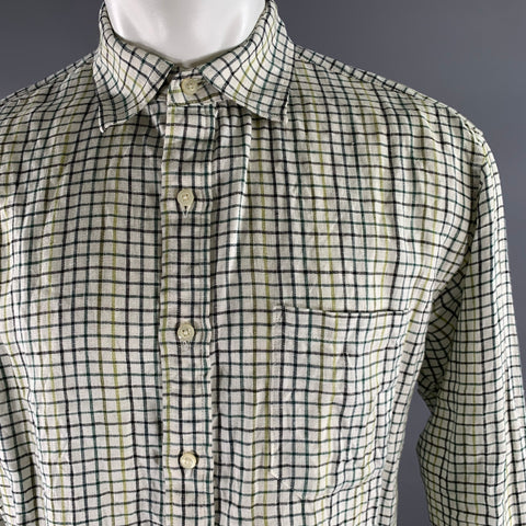 TS (S) Size M White Green Black Check Linen Pointed Collar Long Sleeve Shirt
