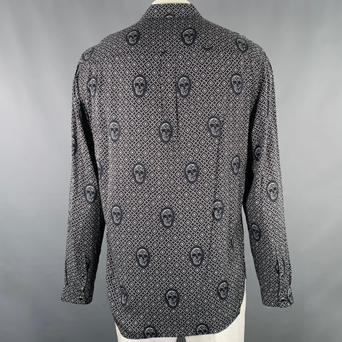 THE KOOPLES Size XL Black White Skulls Viscose Snaps Long Sleeve Shirt