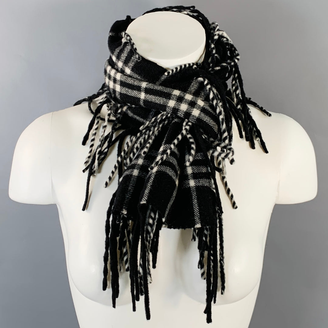 BURBERRY Black White Plaid Fringe Trim Cashmere Scarf