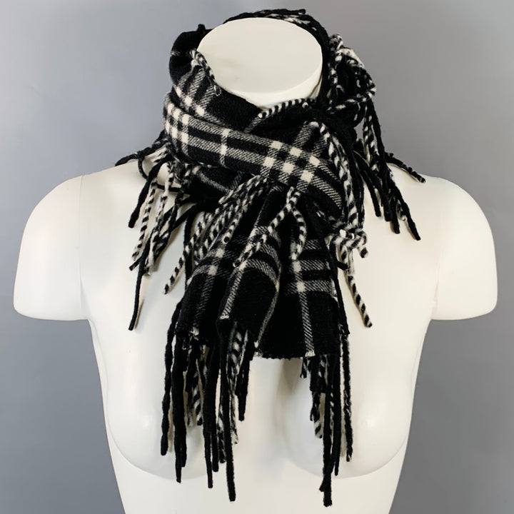 BURBERRY Black White Plaid Fringe Trim Cashmere Scarf