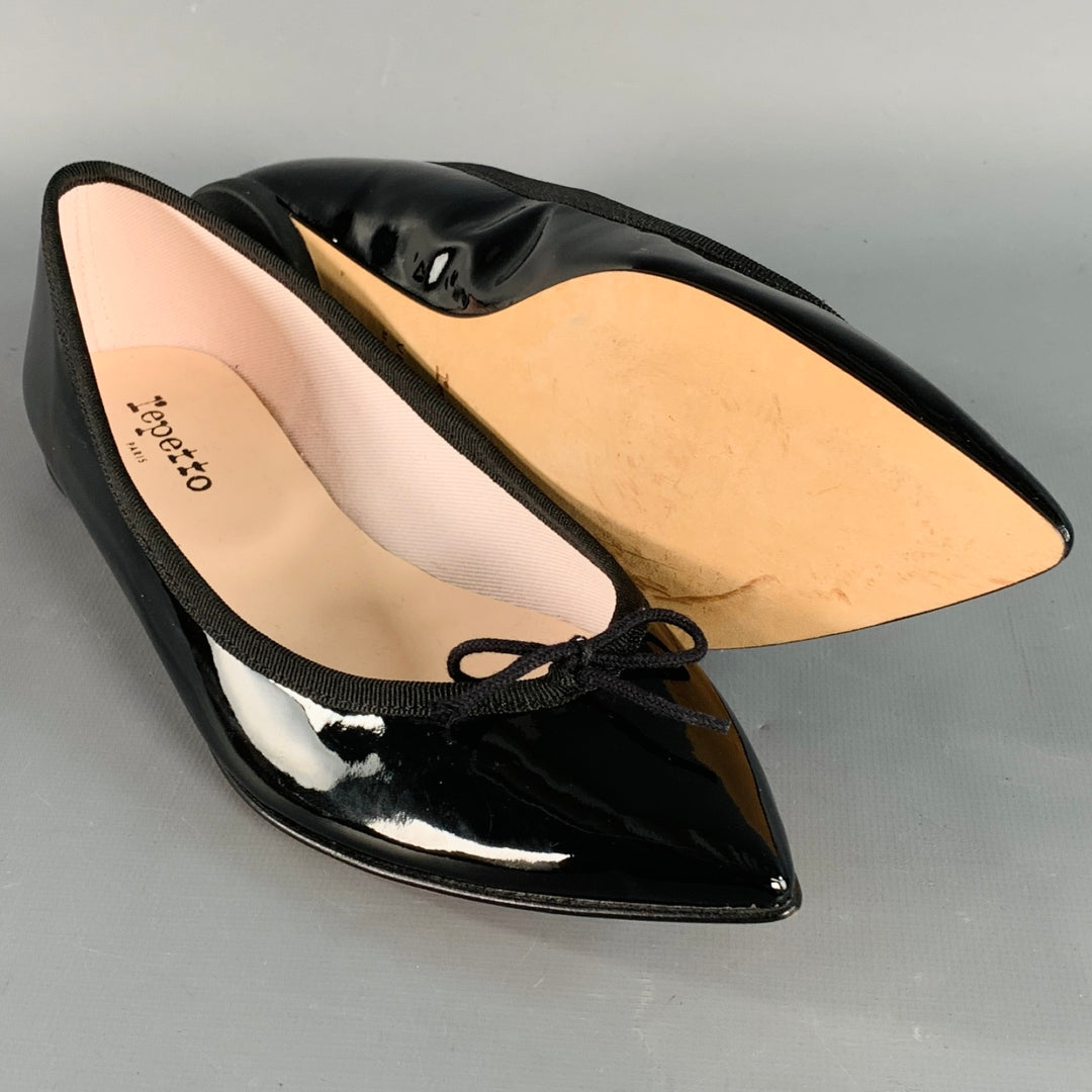 REPETTO Size 9.5 Black Patent Leather Pointed Toe Bow Flats