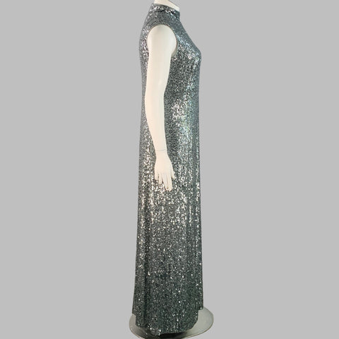 AKRIS Size 10 Silver Grey Polyamide Blend Sequined High Neck Sleeveless Long Evening Gown