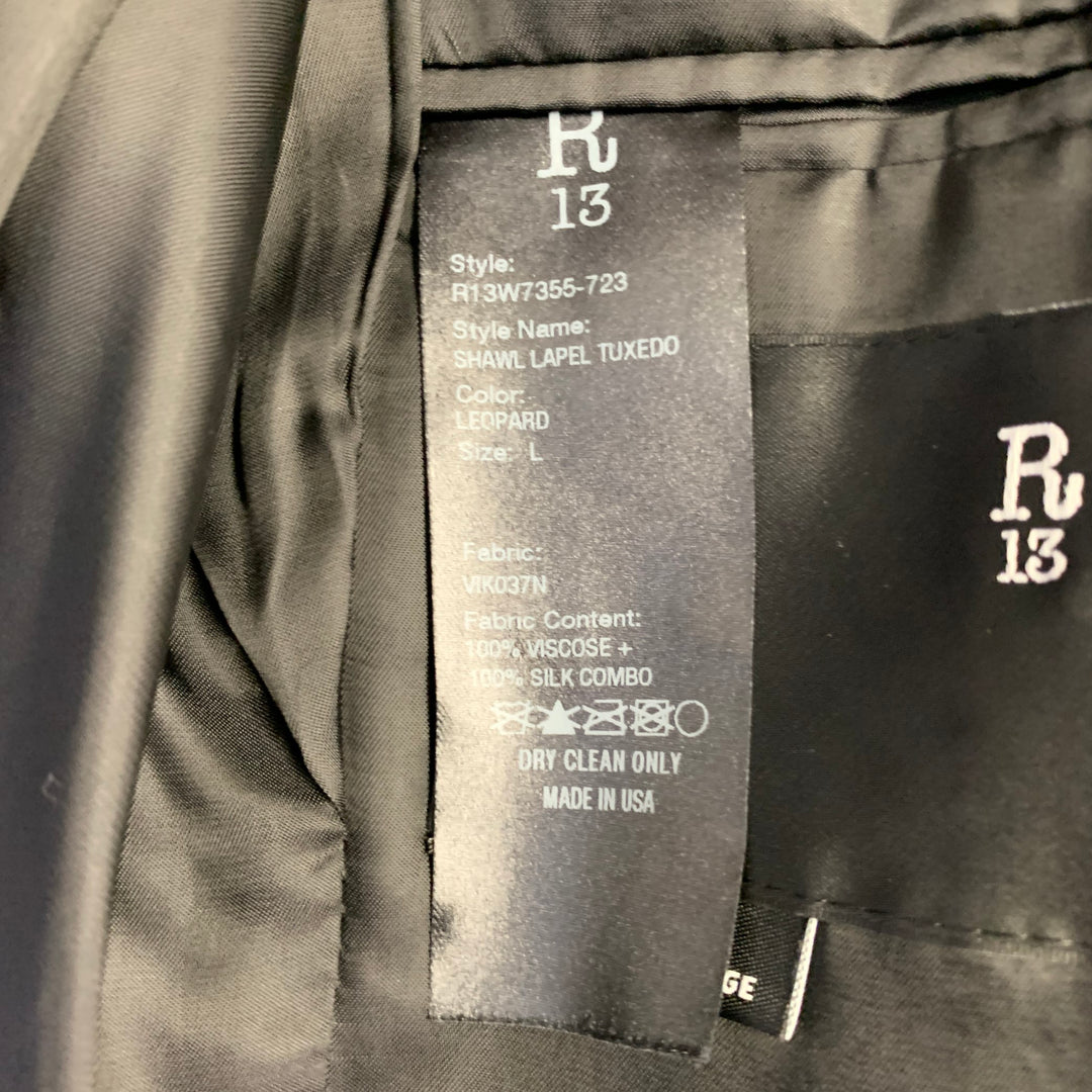 R13 Size L Brown Black White Animal Print Viscose Silk Shawl Collar Sport Coat