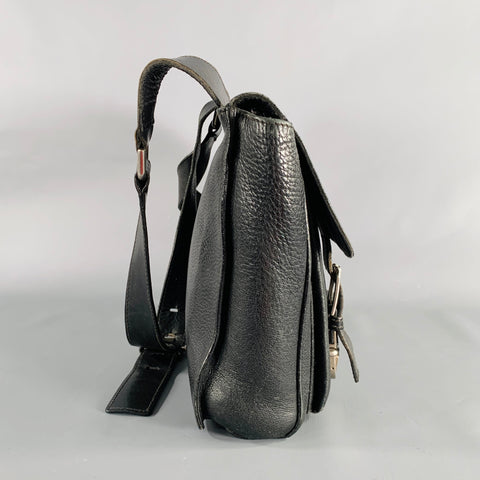 SALVATORE FERRAGAMO Black Pebble Grain Leather Double Buckle Messenger Bag