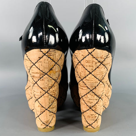 CHANEL Size 6.5 Black Natural Patent Leather Quilted Cork Peep Toe Platform Pumps