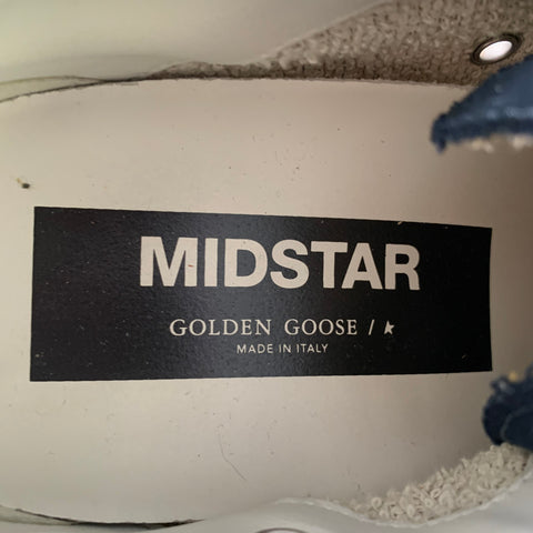 GOLDEN GOOSE MIDSTAR Size 7 Navy Cream Canvas Distressed Mid Top Sneakers