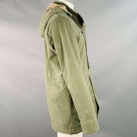 PRANA Size M Green Olive Hooded Faux Shearling Zip Snaps Coat