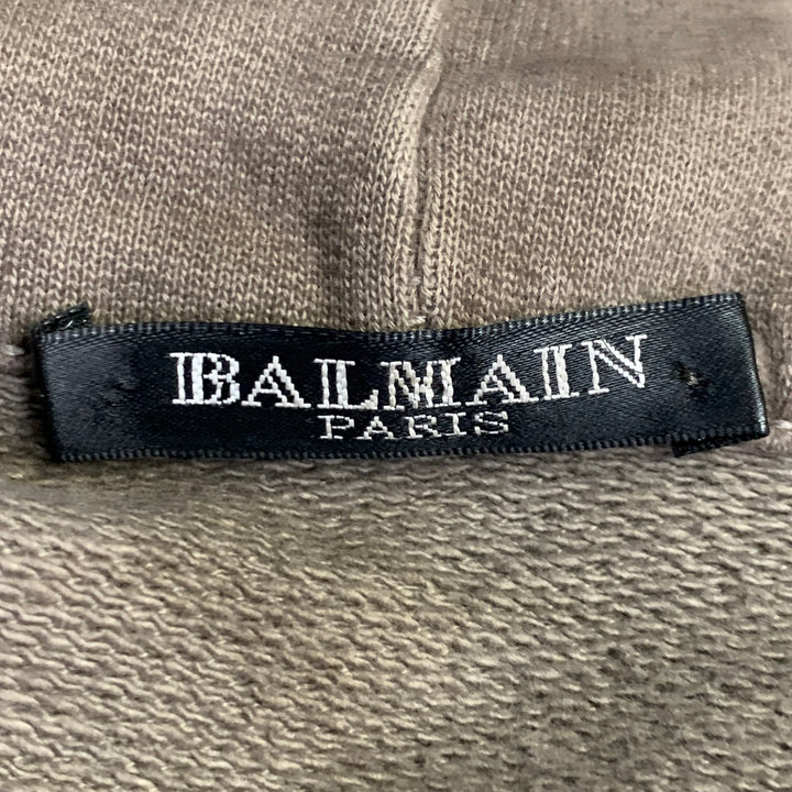 BALMAIN Size M Grey Olive Cotton Distressed Hoodie Sweatshirt