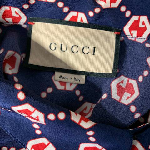 GUCCI Size M Navy Red & White Monogram Silk Pop Over Short Sleeve Shirt